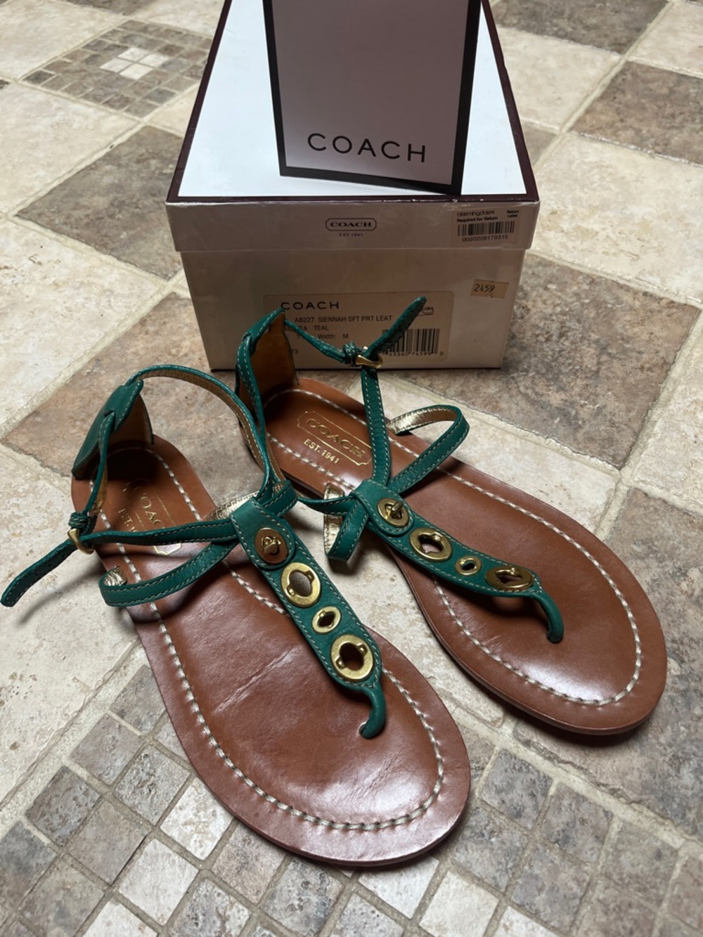 Coach Vintage Teal Grommet T-Strap Sandals Sz 7